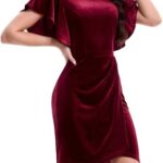 VESTIDO FORMAL DE INVIERNO CORTO DE TERCIOPELO FRUNCIDO COLOR VINO