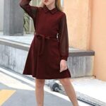 VESTIDO DE MALLA COLOR VINO CON CUELLO PETER PAN PARA NINAS