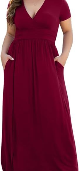 VESTIDO LARGO V-NECK CON BOLSILLOS COLOR VINO
