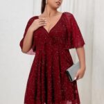 VESTIDO VINO DE LENTEJUELAS CON MANGA LARGA Y CUELLO EN V