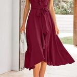 VESTIDO COLOR VINO DE VERANO CON VOLANTES Y CINTURON