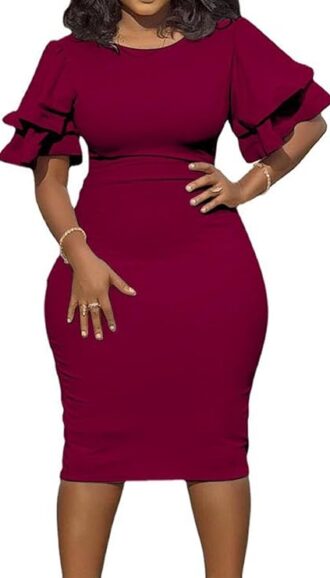 VESTIDO TUBO MIDI MANGA VOLANTES CUELLO REDONDO
