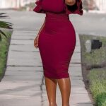VESTIDO TUBO MIDI COLOR VINO MANGA VOLANTES CUELLO REDONDO