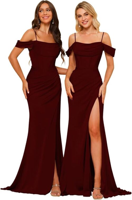 VESTIDO LARGO SATEN DAMA HONOR TIRANTES DELGADOS COLOR VINO