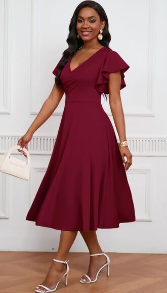 VESTIDO MIDI DE COCTEL ELEGANTE CON CUELLO EN V Y VOLANTES