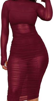 VESTIDO SEXY DE MALLA DE MANGA CORTA AJUSTADO COLOR VINO