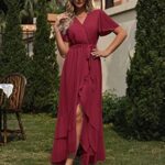 VESTIDO LARGO FORMAL DE GASA CON VOLANTES Y ABERTURA PARA FIESTA