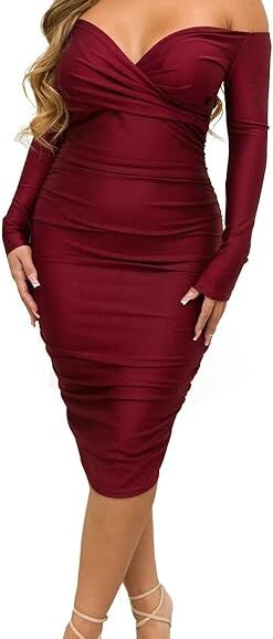 VESTIDO MIDI FRUNCIDO CON HOMBROS DESCUBIERTOS PARA COCTEL