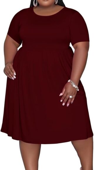 VESTIDO MIDI VERANIEGO MANGA CORTA CON BOLSILLOS COLOR VINO