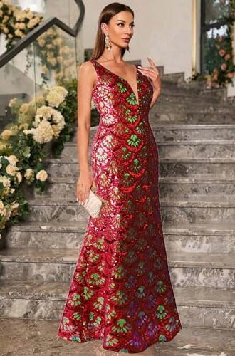 VESTIDO SIRENA COLOR VINO DE FIESTA LENTEJUELAS CUELLO V