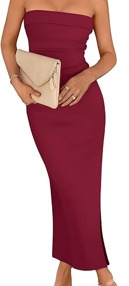 VESTIDO BODYCON MAXI TUBO SIN TIRANTES ABERTURA VACACIONES COLOR VINO