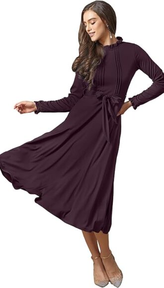 VESTIDO MIDI ELEGANTE CON BOLSILLOS COLOR VINO