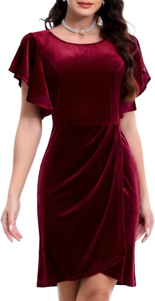 VESTIDO FORMAL DE INVIERNO CORTO DE TERCIOPELO FRUNCIDO
