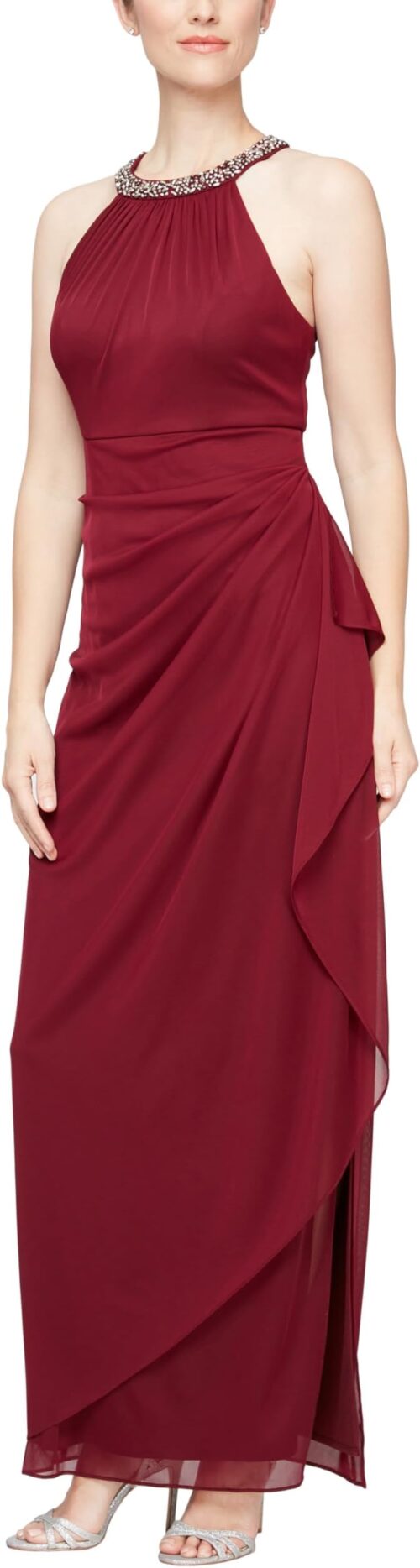 VESTIDO DE MALLA ELASTICA CON CUENTAS COLOR VINO