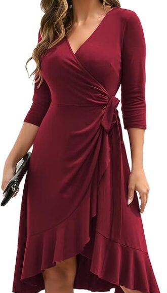 VESTIDO CASUAL CON CUELLO EN V PROFUNDO Y MANGA 3-4