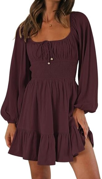 MINIVESTIDO CAMPESTRE MANGA LARGA CUELLO CUADRADO COLOR VINO