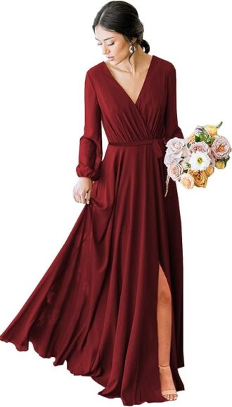 VESTIDO DAMA HONOR MANGA LARGA CUELLO V