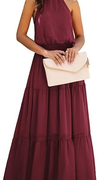 VESTIDO LARGO CON VOLANTES Y CUELLO HALTER COLOR VINO