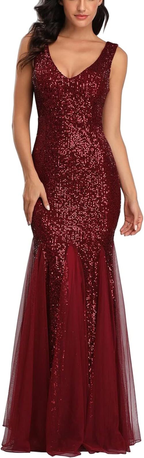 VESTIDO FIESTA LENTEJUELAS TUL SEXY CUELLO V SIN MANGAS