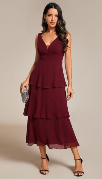 VESTIDO DE FIESTA ACAMPANADO CON CUELLO EN V SIN MANGAS