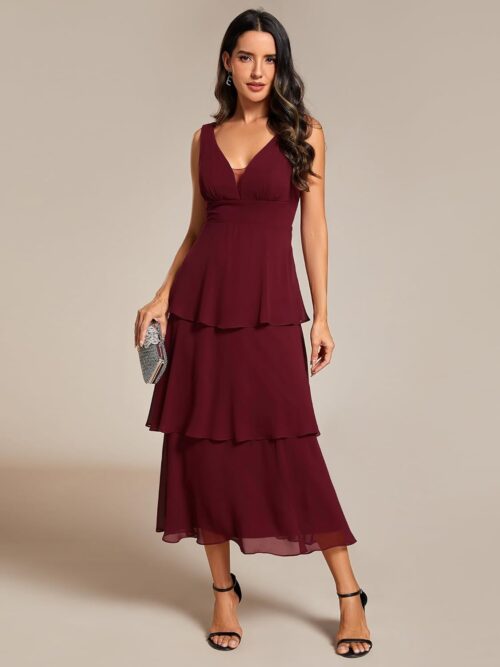 VESTIDO DE FIESTA ACAMPANADO CON CUELLO EN V SIN MANGAS