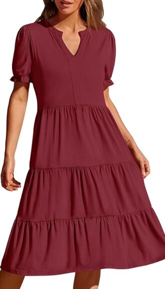 VESTIDO MIDI ACAMPANADO DE VERANO COLOR VINO