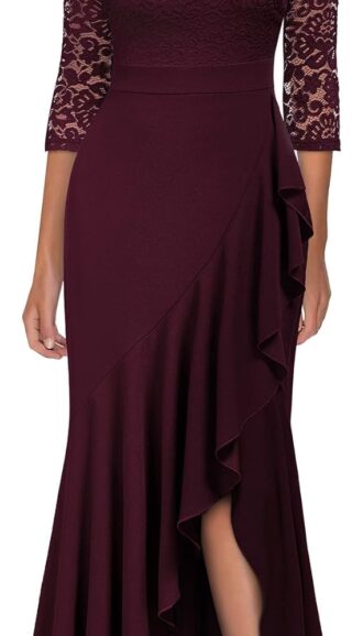 VESTIDO LARGO FORMAL DE NOCHE CON VOLANTES COLOR VINO