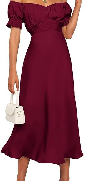 VESTIDO MIDI DE SATEN HOMBROS DESCUBIERTOS FRUNCIDO