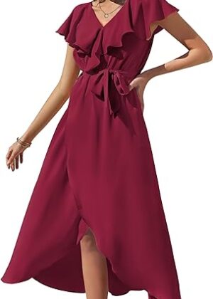 VESTIDO CASUAL VERANO CUELLO V MANGA CORTA COLOR VINO