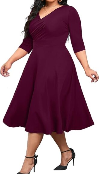 VESTIDO MIDI ACAMPANADO MANGA 3-4 CUELLO EN V TALLA GRANDE