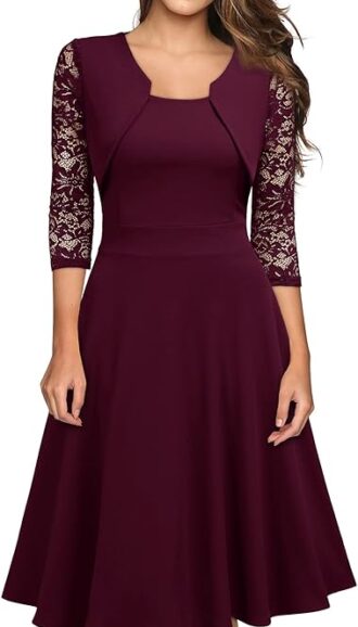 VESTIDO DE COCTEL CON CUELLO CUADRADO Y ENCAJE FLORAL