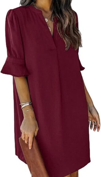 VESTIDO RECTO CASUAL DE VERANO CON CUELLO EN V COLOR VINO