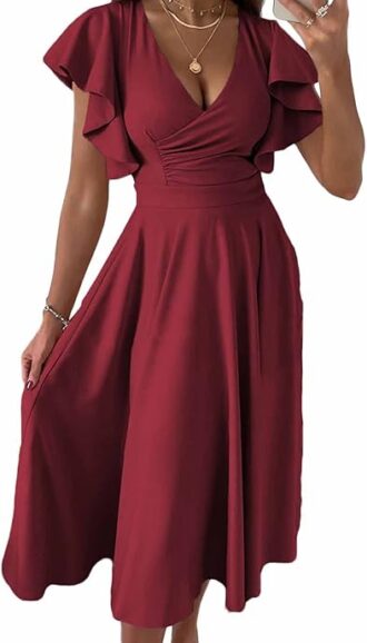 VESTIDO MIDI DE VERANO CON VOLANTES MANGA CASQUILLO COLOR VINO