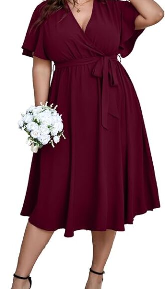 VESTIDO MIDI TALLA GRANDE CON CINTURON ACAMPANADO