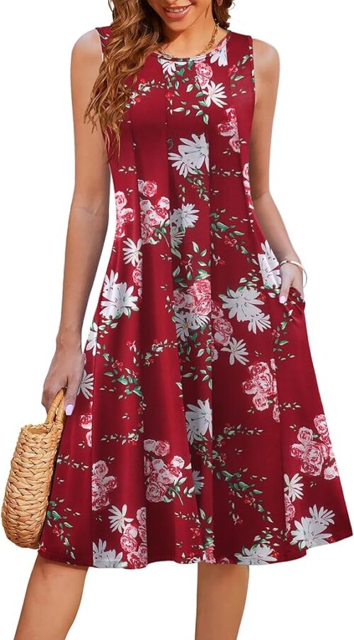 VESTIDO CASUAL DE VERANO PLISADO CON BOLSILLOS Y VUELO