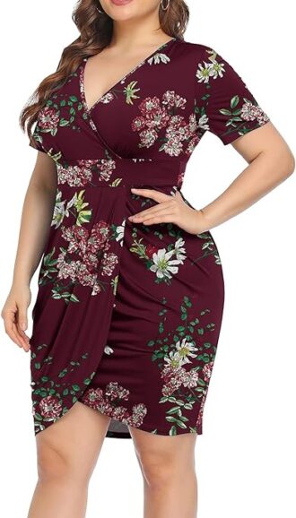 VESTIDO BODYCON TALLA GRANDE CON ESCOTE PROFUNDO V COLOR VINO