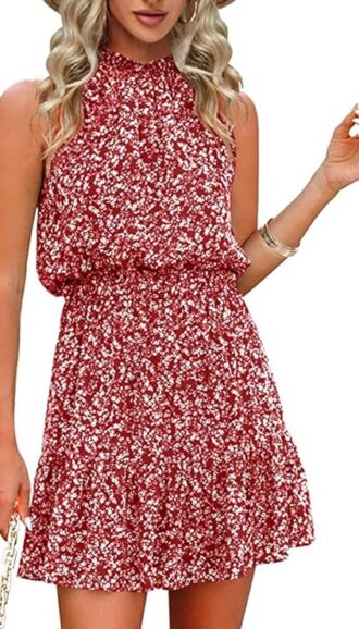 VESTIDO DE VERANO FLORAL SIN MANGAS CUELLO HALTER VINO TINTO