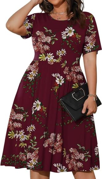 VESTIDO PLUS SIZE VERANIEGO CINTURA IMPERIO BOLSILLOS COLOR VINO
