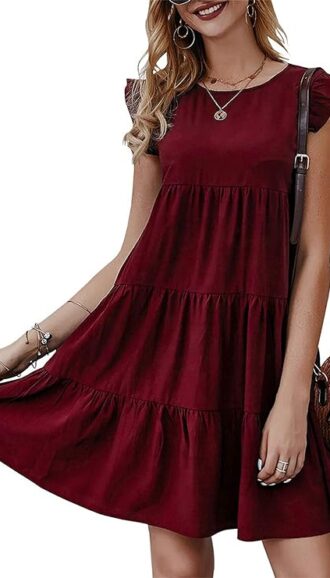 VESTIDO CORTO DE VERANO COLOR VINO TIPO BABYDOLL