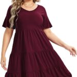VESTIDO COLOR VINO CASUAL DE TALLA GRANDE CON MANGAS FAROL Y VOLANTES