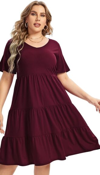 VESTIDO COLOR VINO CASUAL DE TALLA GRANDE CON MANGAS FAROL Y VOLANTES