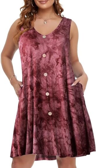 VESTIDO DE VERANO CUELLO EN V CON VUELO SIN MANGAS COLOR VINO
