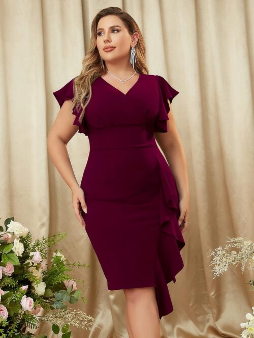 VESTIDO VINTAGECOLOR VINO DE TUBO CON CUELLO EN V DE TALLA GRANDE