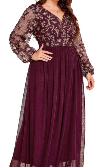 VESTIDO TALLA GRANDE CUELLO V BORDADO ROSA ELEGANTE FORMAL