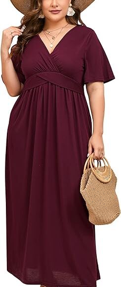 VESTIDO LARGO DE VERANO TALLA GRANDE MANGA CORTA Y CINTURA IMPERIO