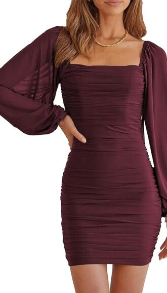 VESTIDO ELEGANTE CON CUELLO CUADRADO PARA COCTEL COLOR VINO