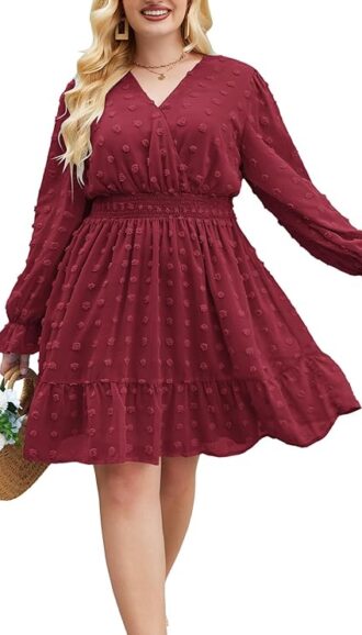VESTIDO CORTO GASA FRUNCIDO MANGA LARGA COLOR VINO