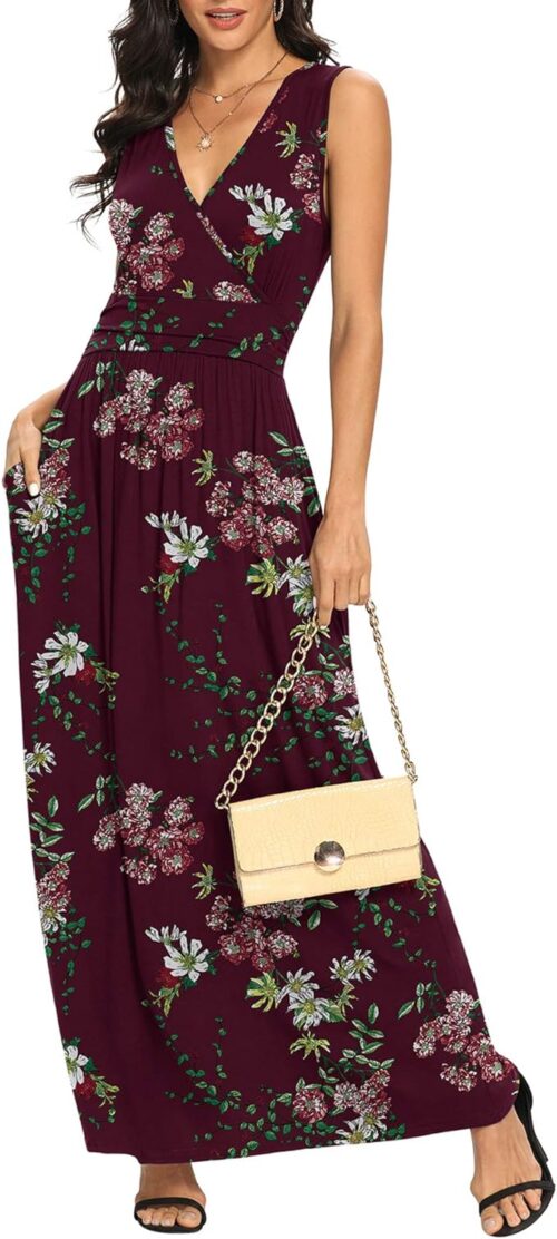 VESTIDO LARGO SIMPLE SIN MANGAS ESCOTE EN V COLOR VINO