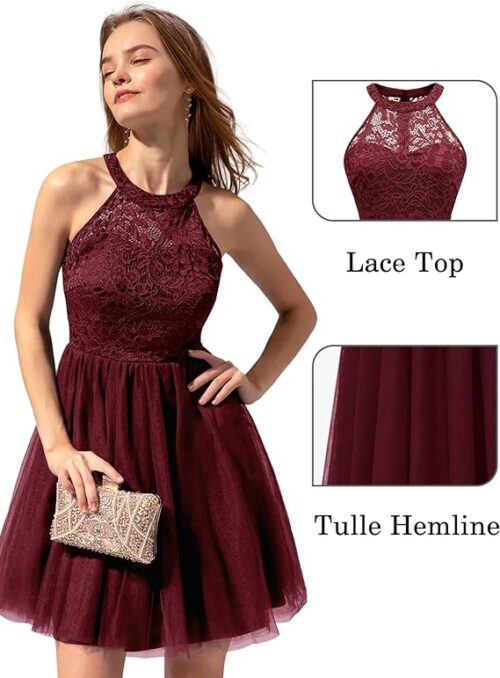 VESTIDO CORTO DE FIESTA CON ESCOTE HALTER COLOR VINO