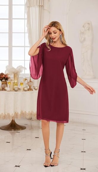VESTIDO DE GASA CON MANGAS ONDULADAS PARA FIESTA COLOR VINO